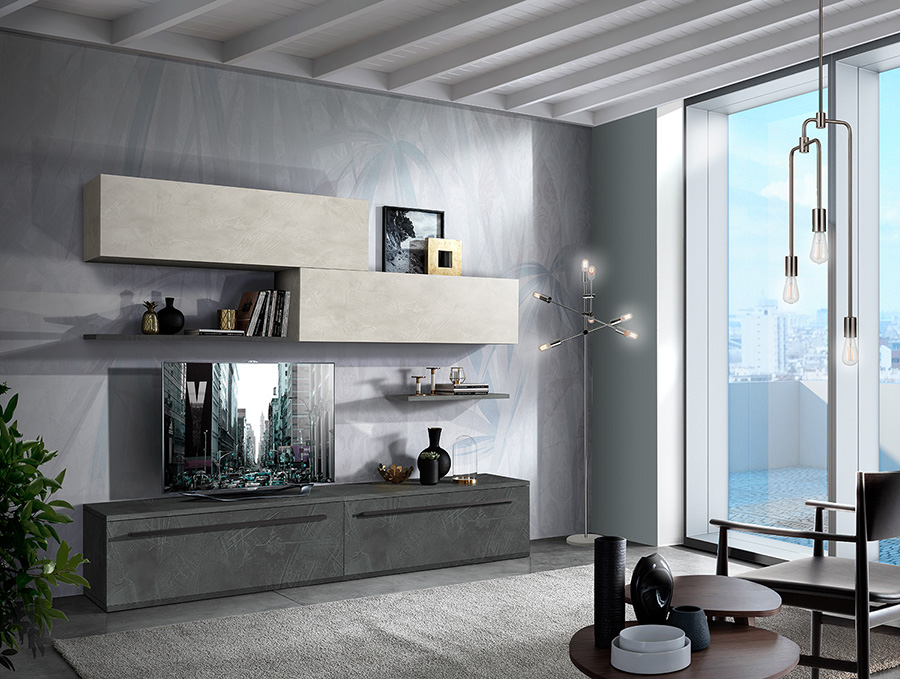 Parete attrezzata di design Made in Italy, con finitura in Resina dark e Argilla