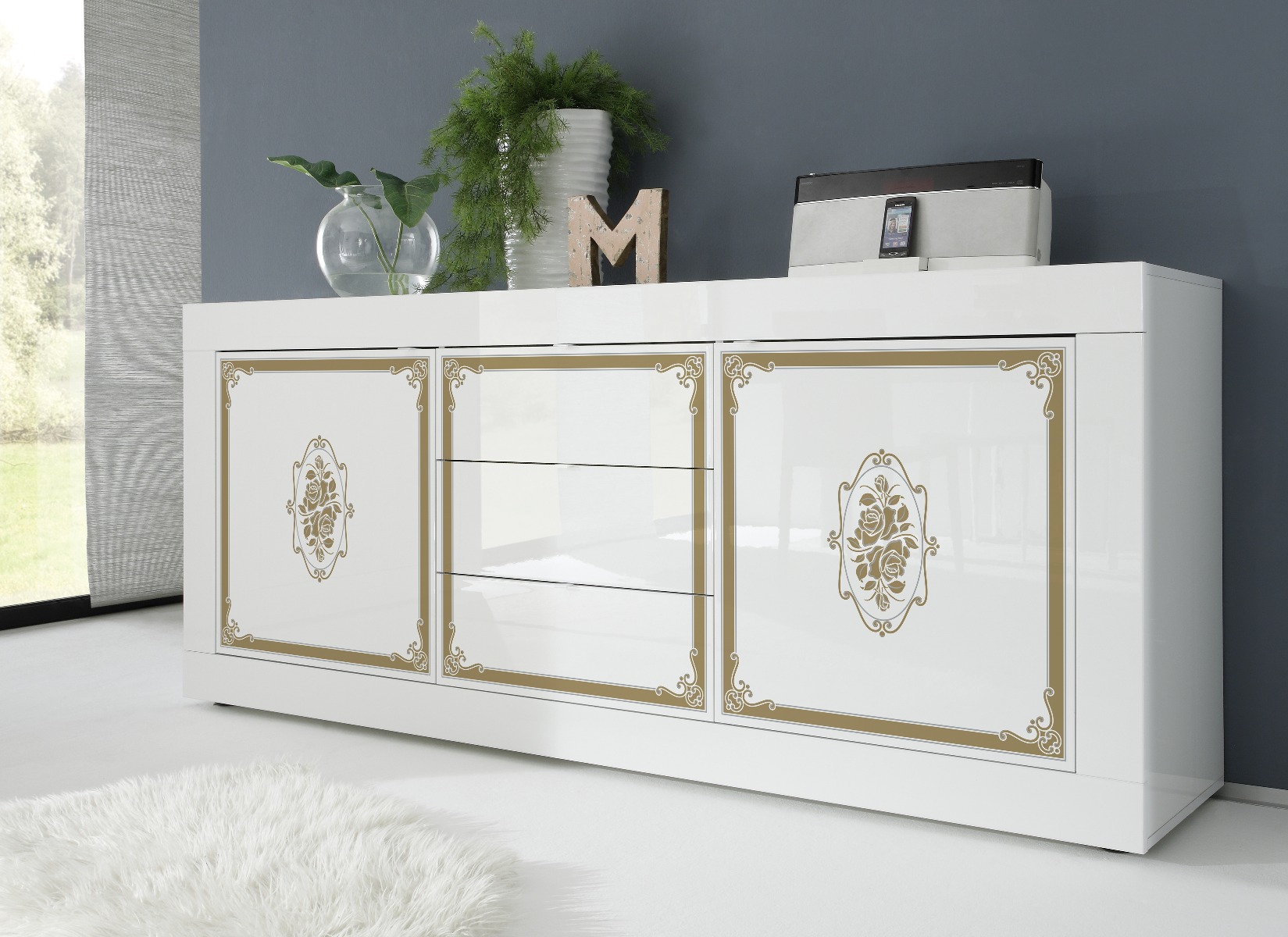 Credenza Moderna, Madia bianca laccata lucida, 2 ante e 3 cassetti con serigrafia oro