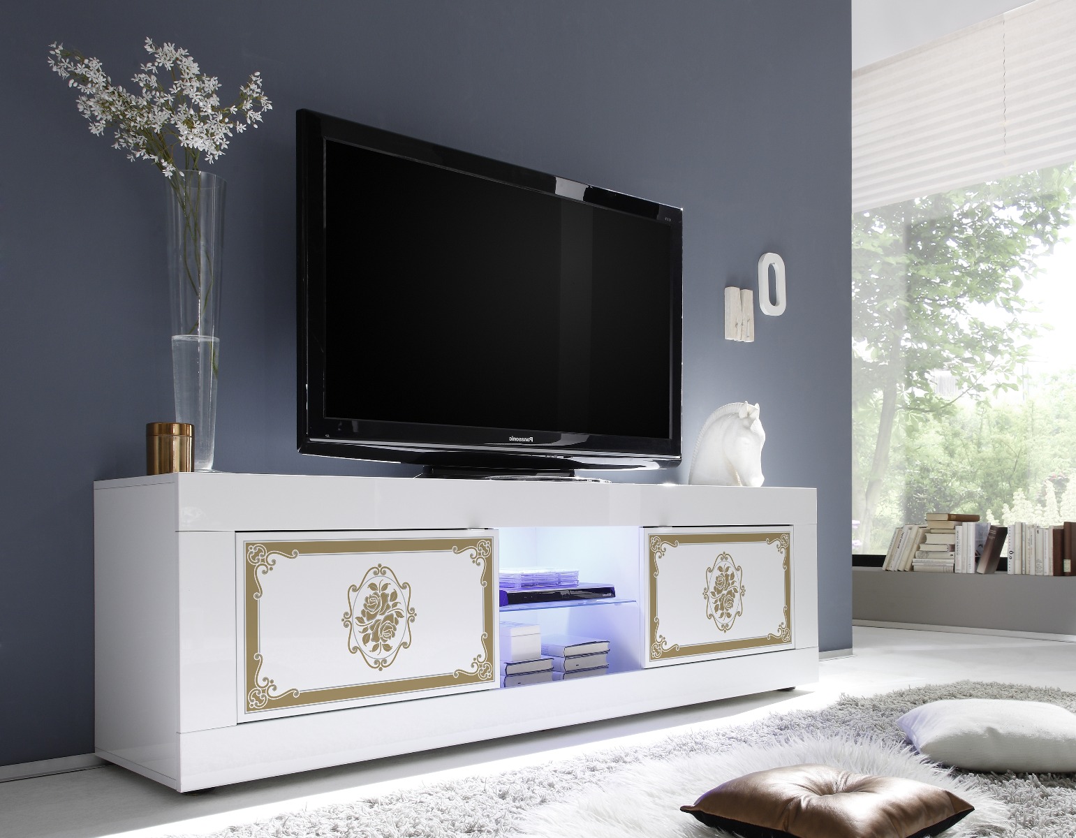 Porta TV, 2 ante, bianco lucido con serigrafia oro, Made in Italy