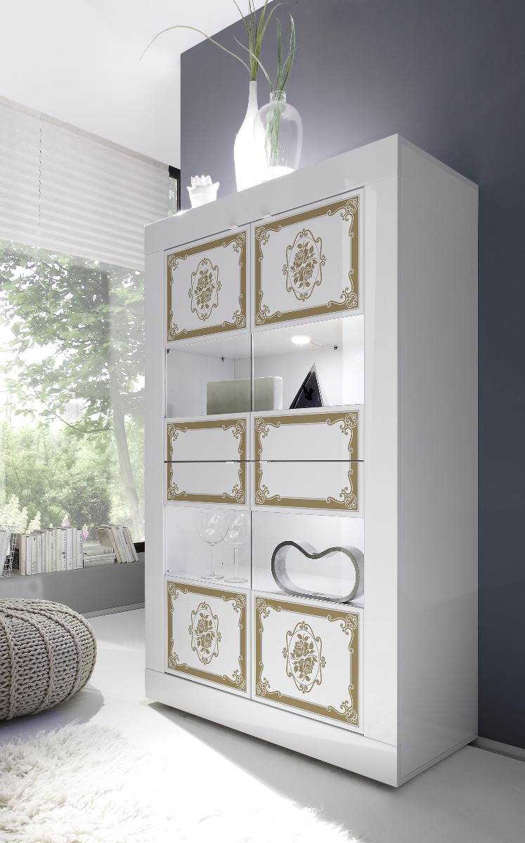 Vetrina 4 ante, bianco lucido con serigrafia dorata, Made in Italy