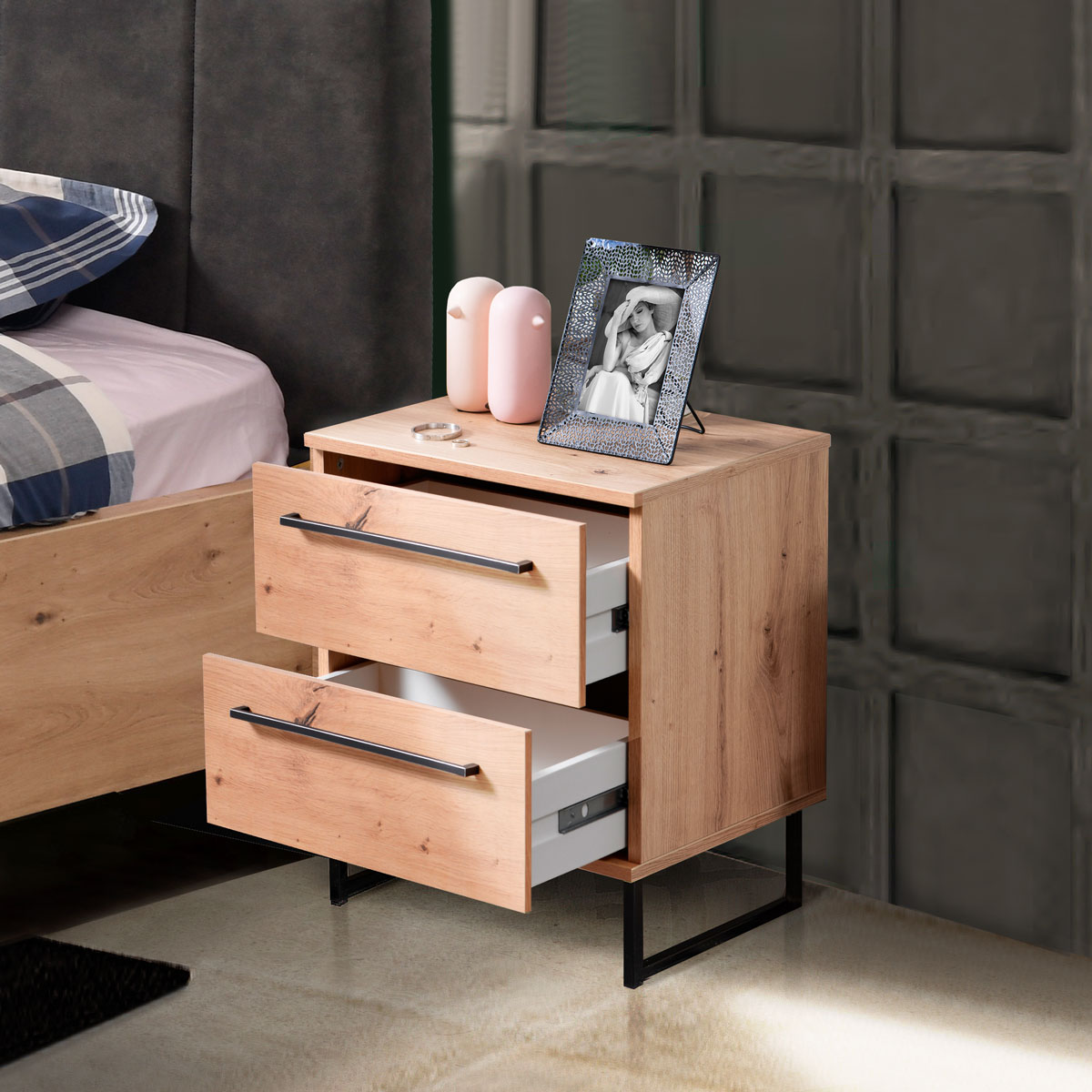 Comodino on 2 cassetti, finitura Rovere