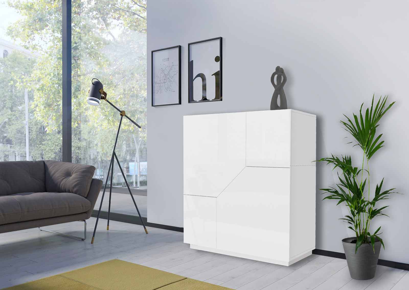 Credenza alta Bianco lucido L.100 cm, Made in Italy