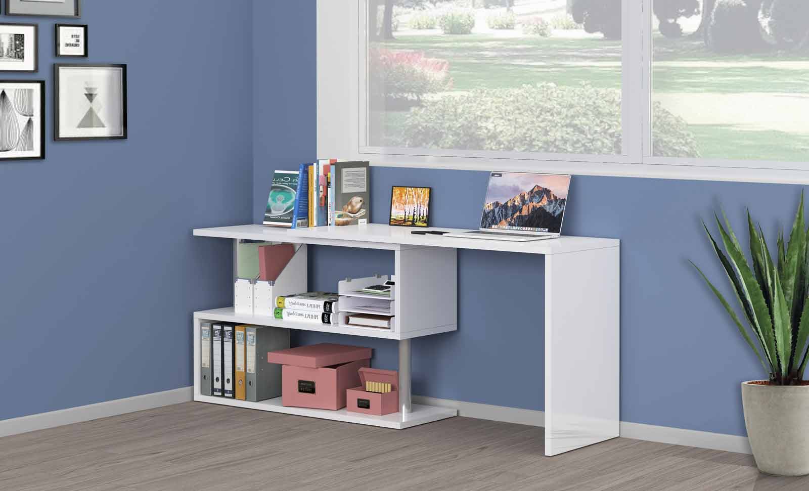 Funzionale Scrivania moderna pluriposizionabile finitura Bianca lucida, Made in Italy