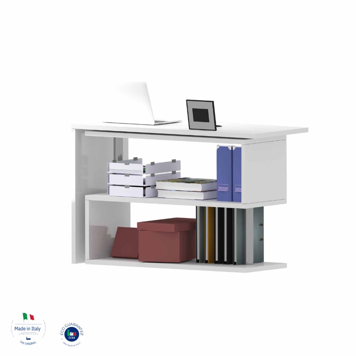 Funzionale Scrivania moderna pluriposizionabile finitura Bianca lucida, Made in Italy