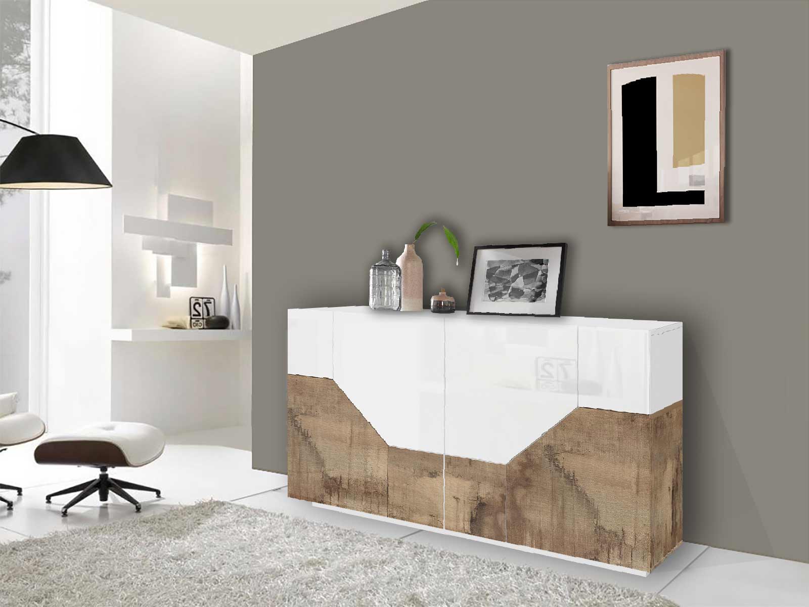 Madia salvaspazio 4 ante L.158 cm, finitura Bianco lucido e Pero