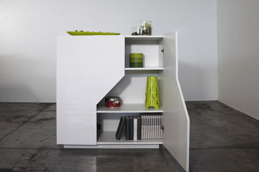 Credenza alta a 2 ante, colore Bianco laccato lucido 