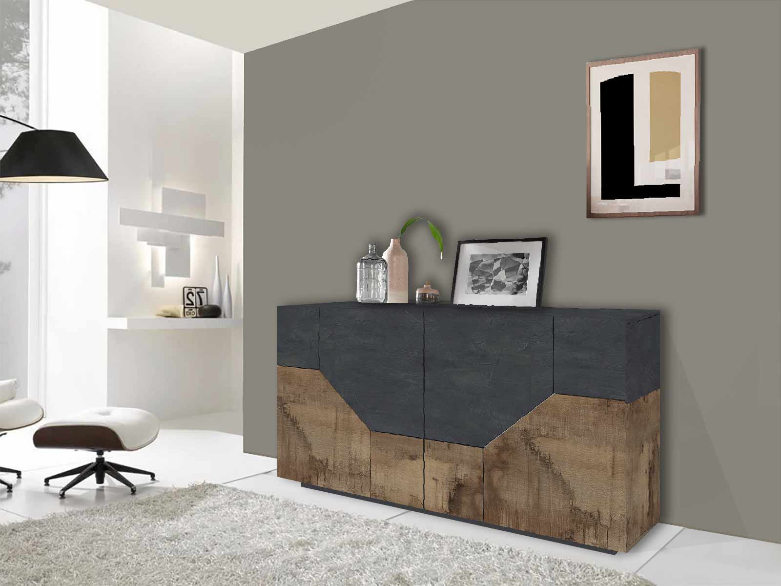 Credenza salvaspazio Ardesia e Pero a 4 ante L.158 cm, Made in Italy