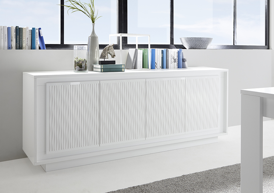 Credenza Moderna, Madia di Design, 4 ante, Bianco Opaco Serigrafia Sigaretta