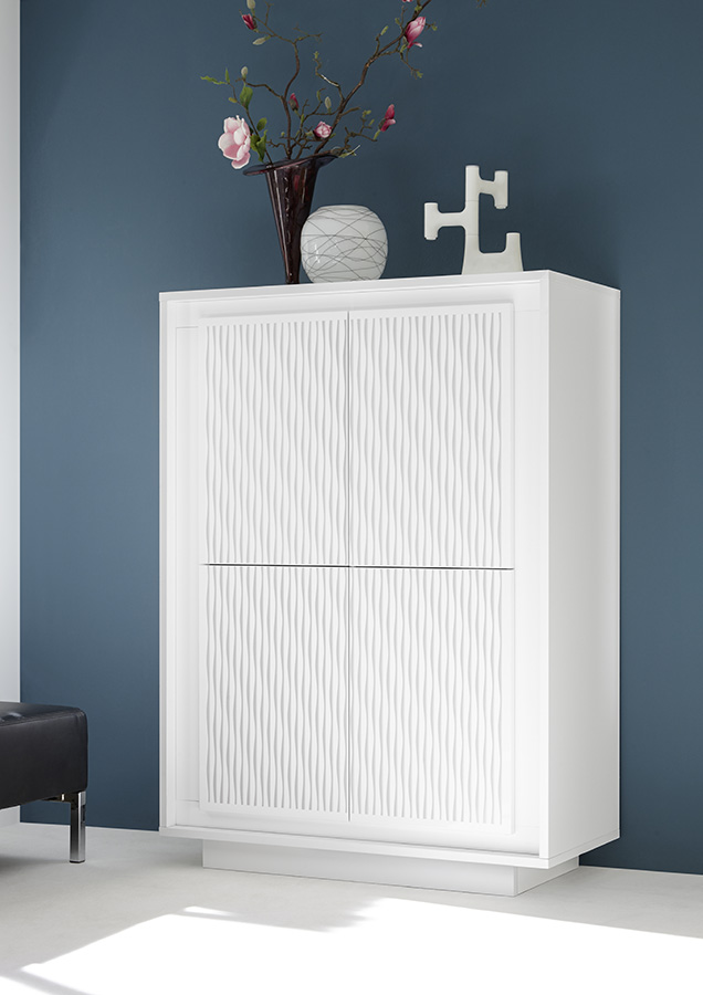 Credenza Moderna, Madia di Design, 4 ante Alta, Bianco Opaco con frontali serigrafia Sigaretta