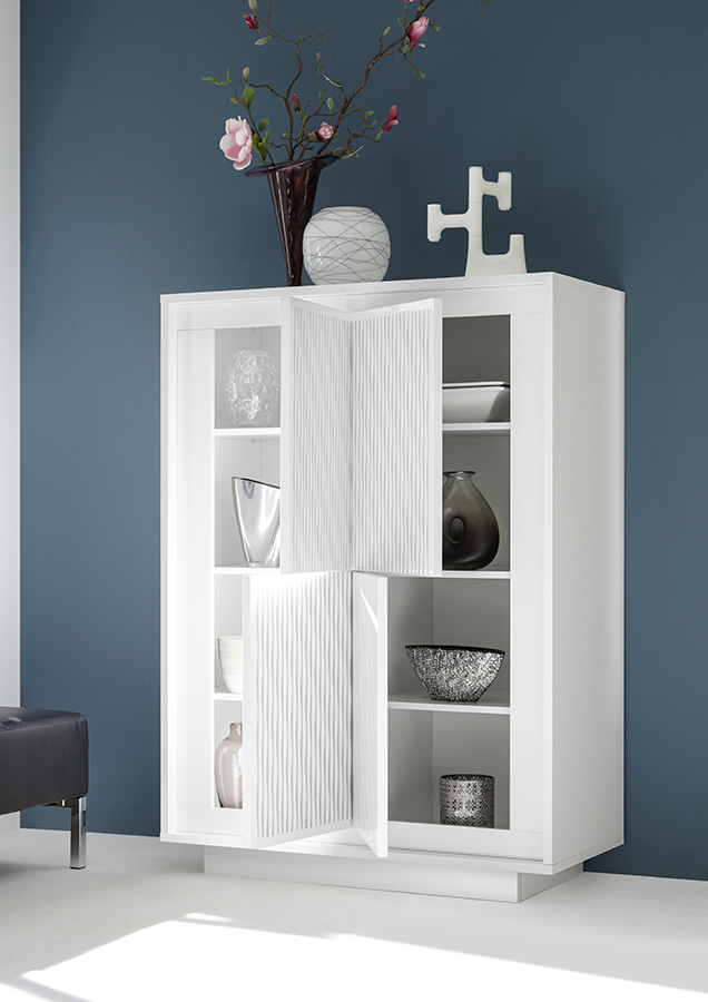 Credenza Moderna, Madia di Design, 4 ante Alta, Bianco Opaco con frontali serigrafia Sigaretta