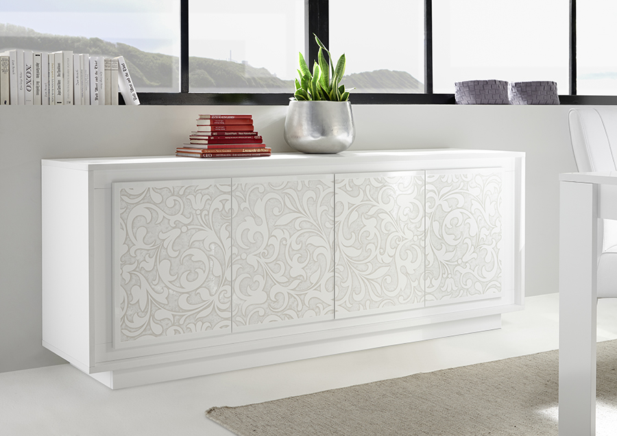 Credenza con serigrafia floreale 4 ante, Bianco Opaco