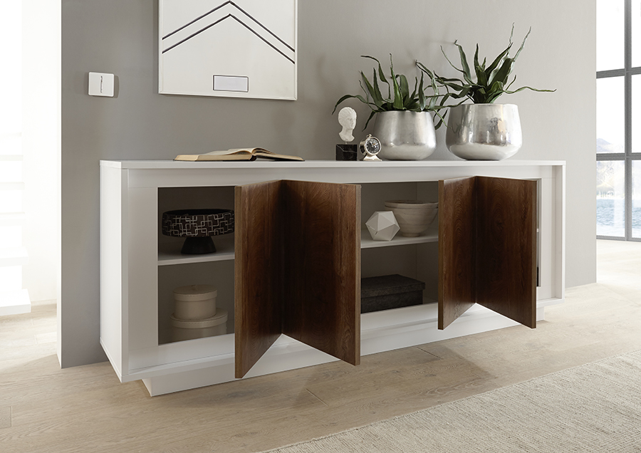 Credenza Moderna, Madia di Design, 4 ante, Bianco Opaco con frontali Cognac