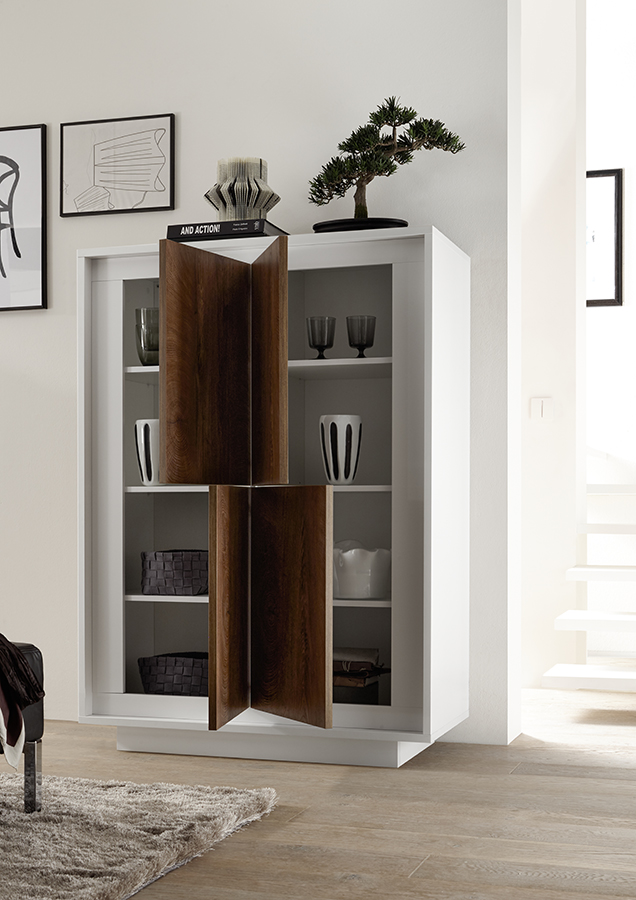 Credenza Moderna, Madia di Design, 4 ante Alta, Bianco Opaco con frontali Cognac