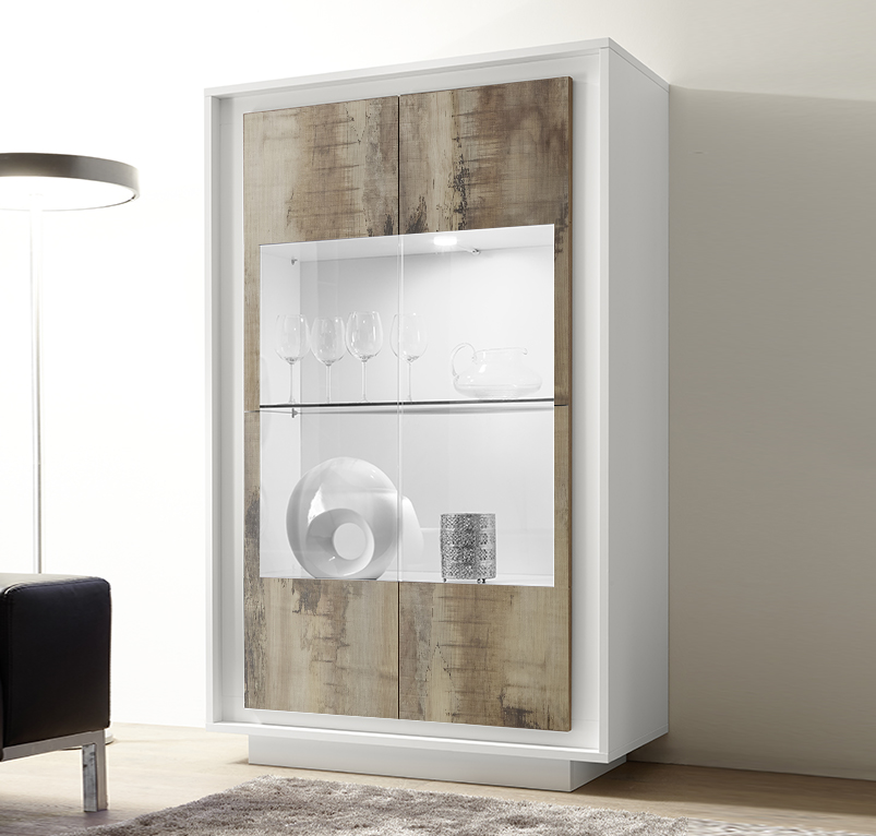 Vetrina Design Moderno, 4 ante Alta, Bianco Opaco con frontali Pero