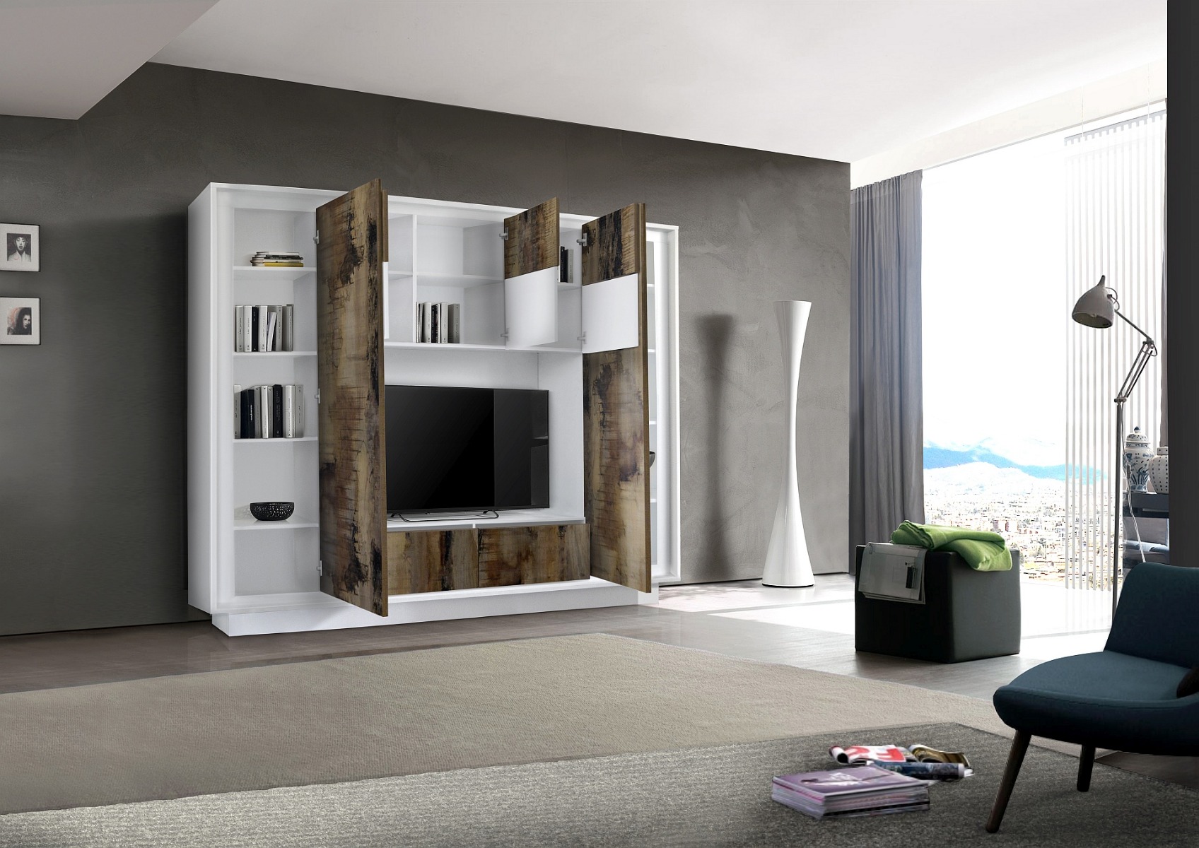 Parete attrezzata Bianco Opaco e Pero