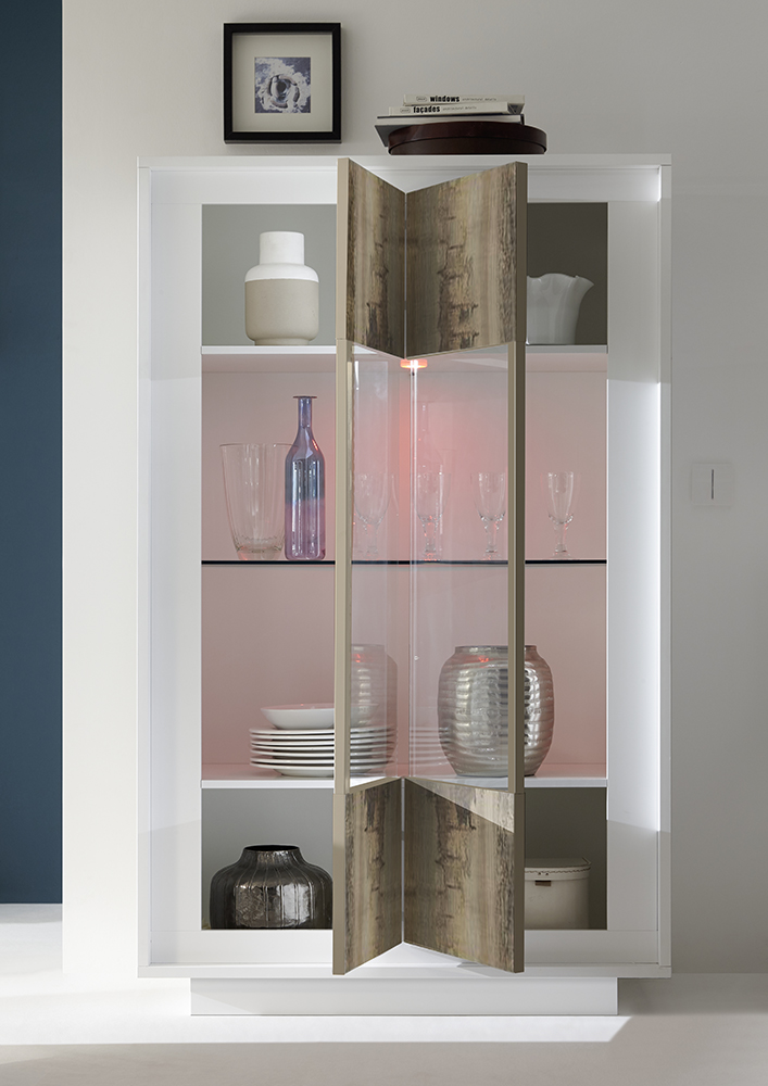 Vetrina Design Moderno, 4 ante Alta, Bianco Opaco con frontali Pero