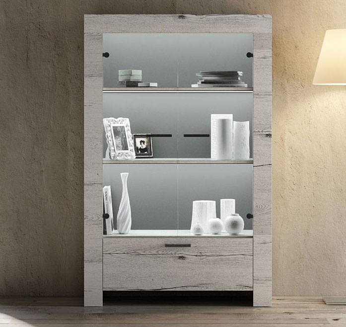 Vetrina shabby chic con cassetto, rovere neve