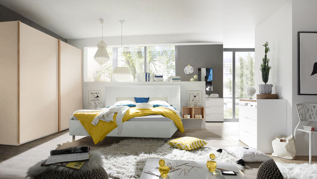 Camera moderna completa in finitura Noce Biondo, Orzo ed ecopelle bianca