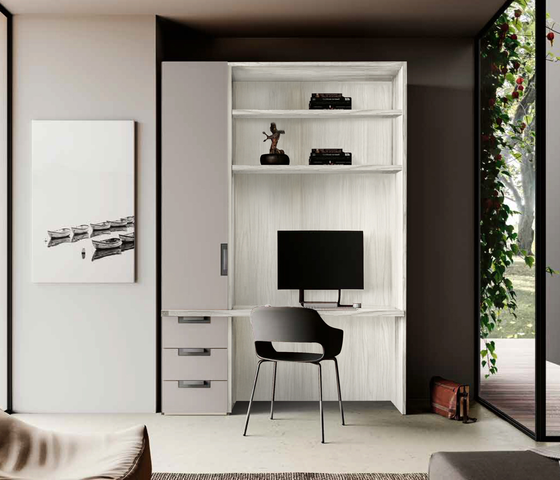 Zona studio per Smart working in Grigio seta e Bianco altea