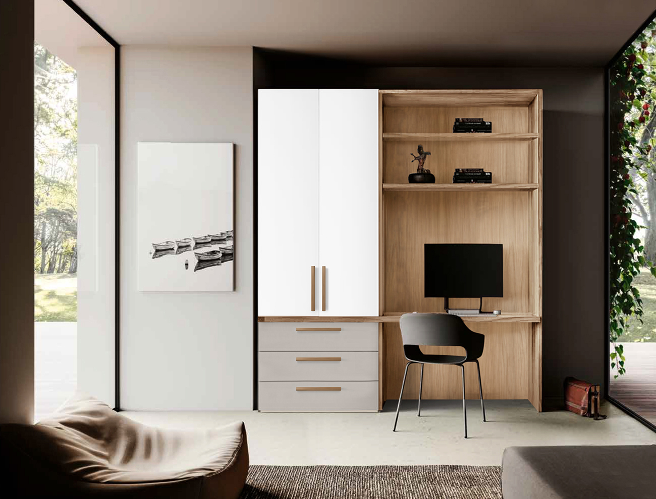 Zona studio per Smart working in Bianco Opaco, Noce Biondo e Grigio Seta