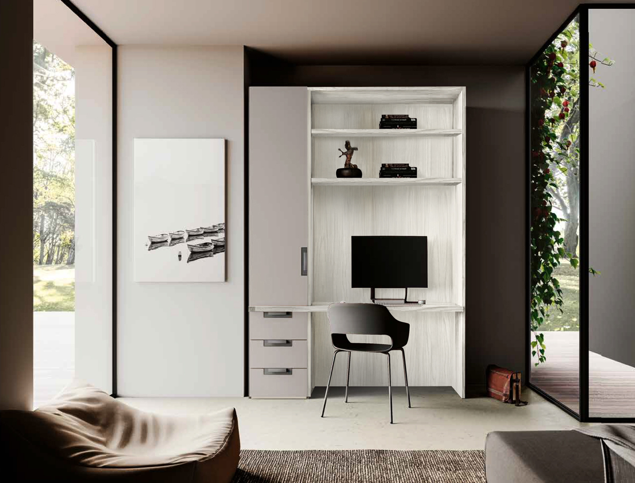 Zona studio per Smart working in Grigio seta e Bianco altea