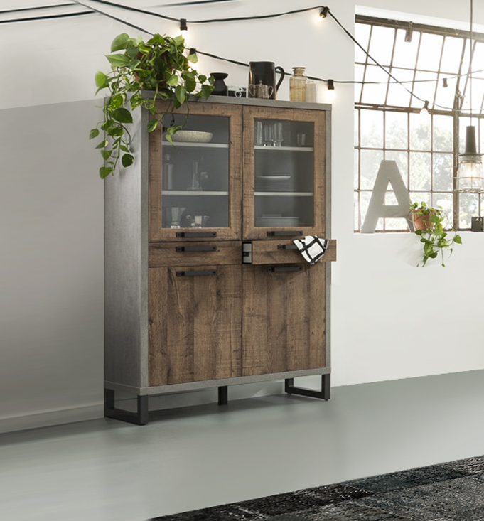 Vetrina Industry in finitura Cemento e Rovere invecchiato