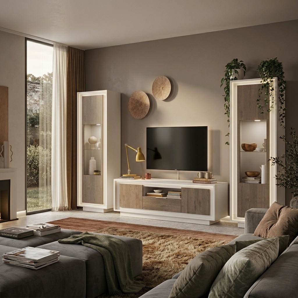 soggiorno moderno con vetrine cashmere