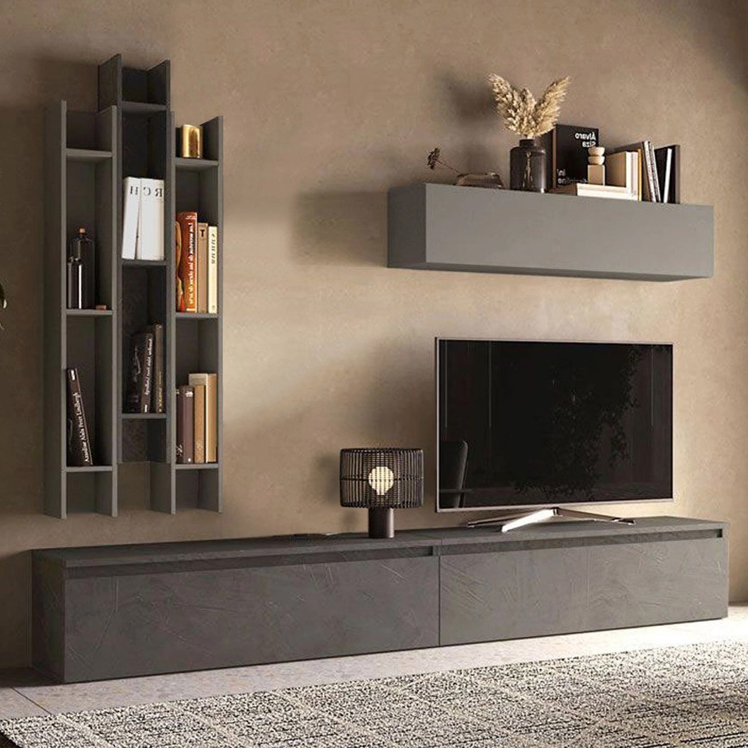 parete con librerie grigia