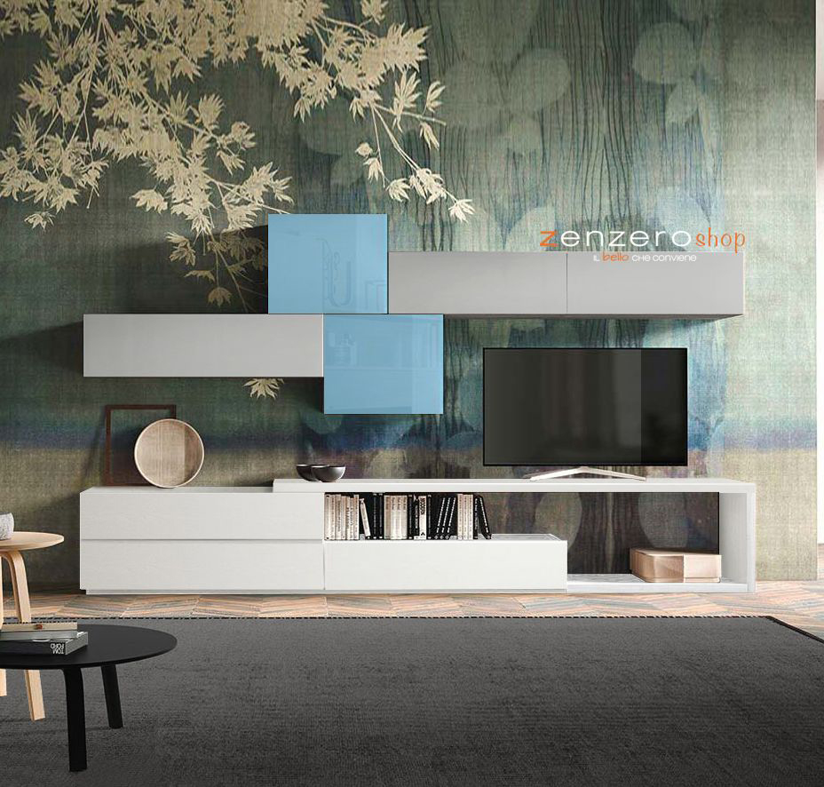 Parete attrezzata Isagel  in finitura Bianco frassinato, Grigio opaco e Vetro azzurro