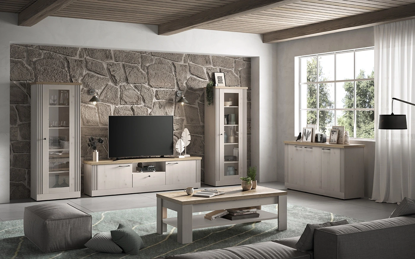 Soggiorno Shabby, porta tv vetrine e tavolino da caffè, Rovere meringa e Cadiz