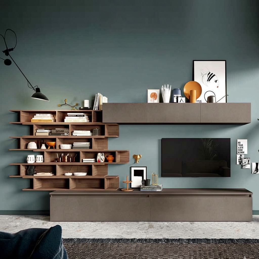 Economica e conveniente Parete di design L.276 con libreria, Bronzo e Mercure 