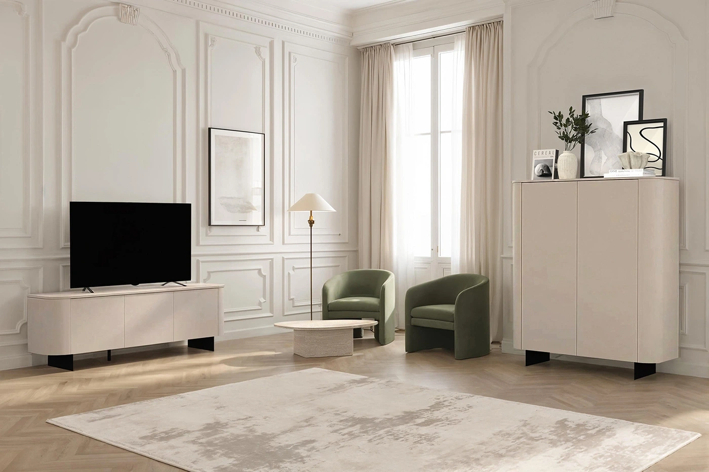 Madia alta a 2 ante, L.130 H.154 P.43, in finitura Cashmere e piedini Lava