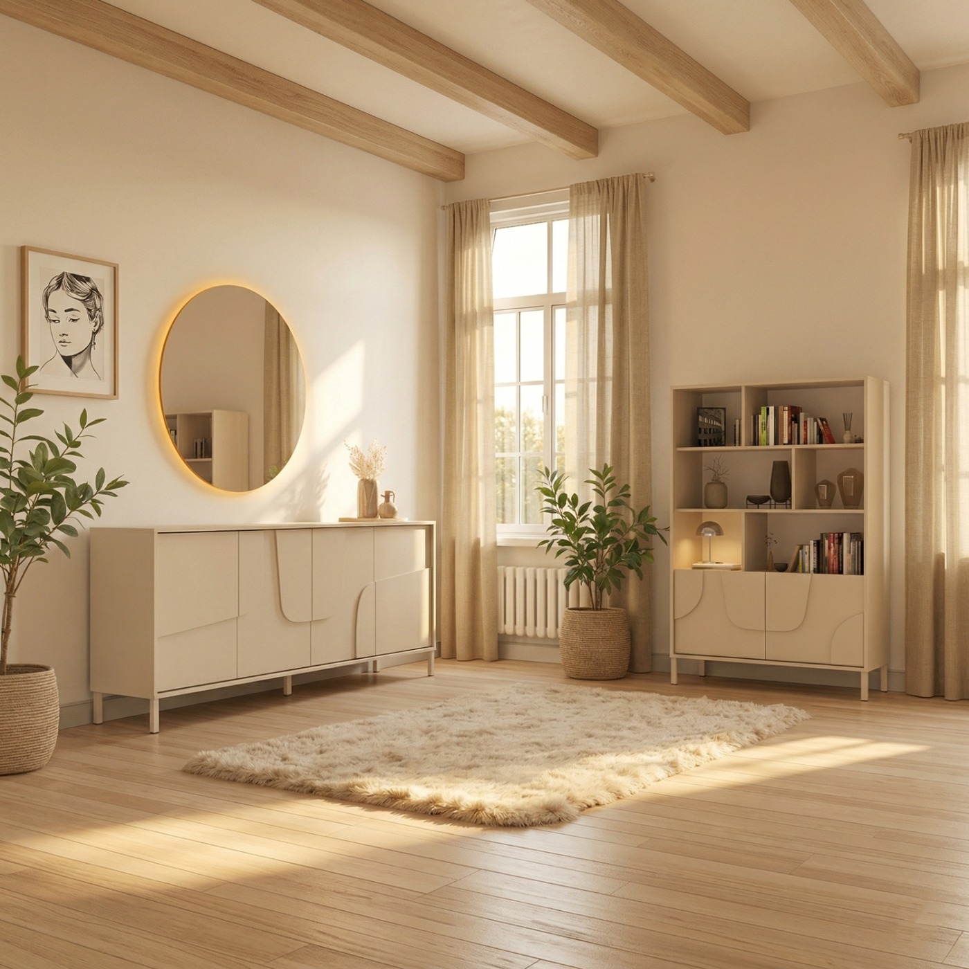 Soggiorno composto di madia e di credenza, in finitura Cashemere, con piedini metallici