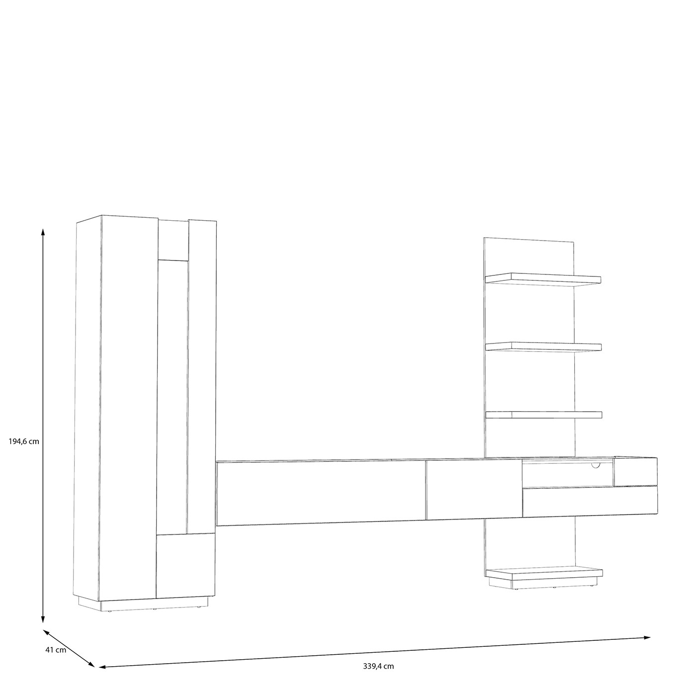 Parete attrezzata con mobile sospeso, 340x194x41 h cm, Bianco gesso e Rovere valencia Zenzero Shop