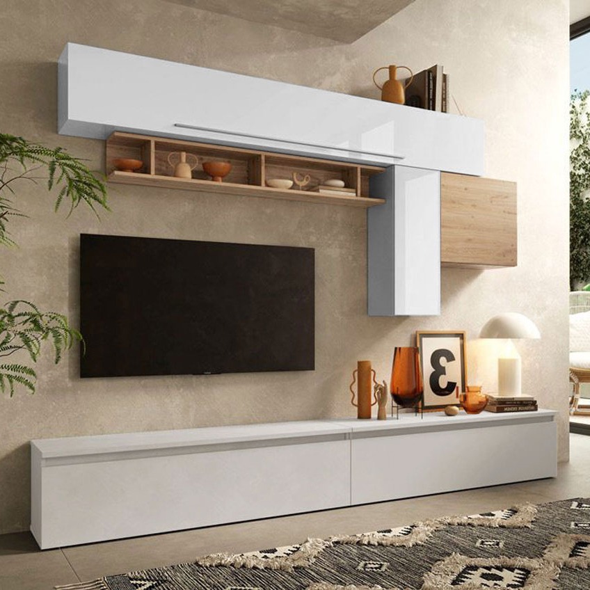 Mobili da Parete Soggiorno di design L.276 colore Gesso, Cadiz e Bianco lucido