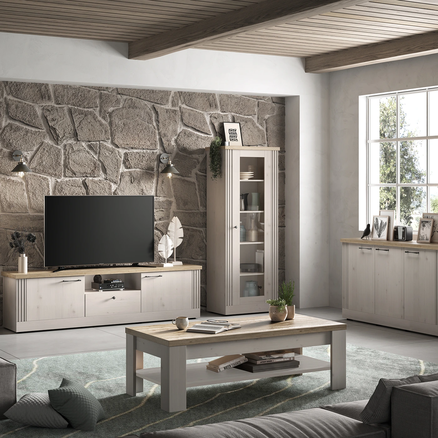 Soggiorno Shabby, porta tv vetrine e tavolino da caffè, Rovere meringa e Cadiz