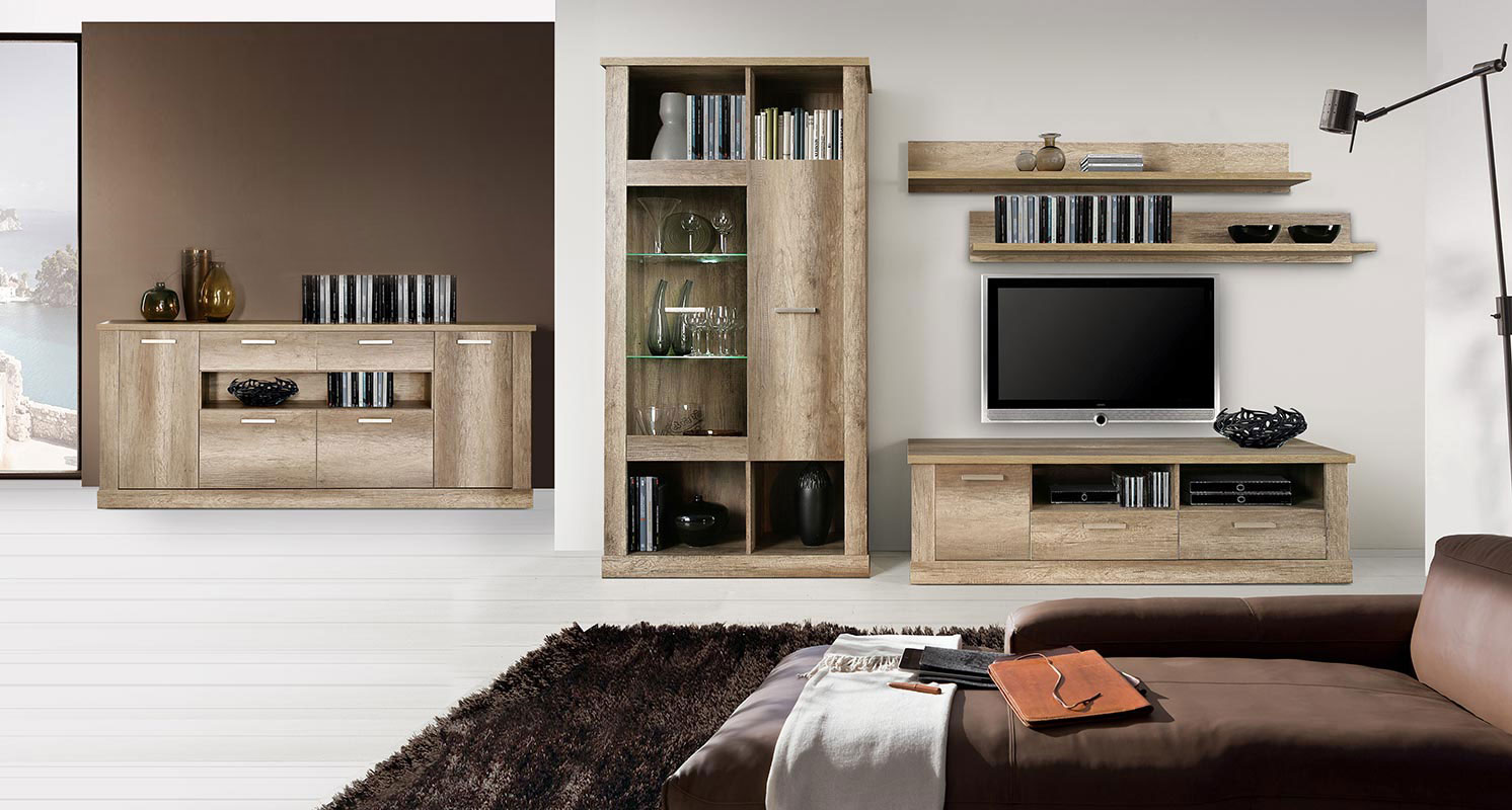 Soggiorno contemporaneo con vetrina, porta tv e madia in Rovere antico 