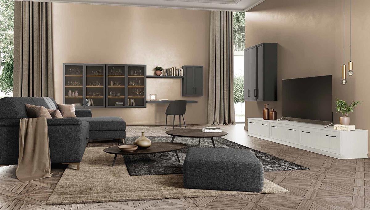 Parete attrezzata contemporanea, finitura Bucaneve e Grigio titanio 