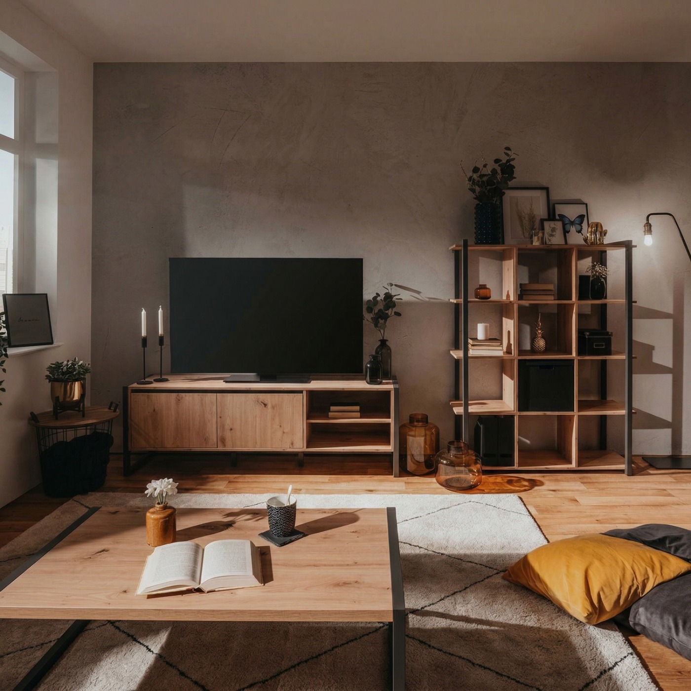 Soggiorno moderno stile Industry in finitura Antracite e Rovere nodato 