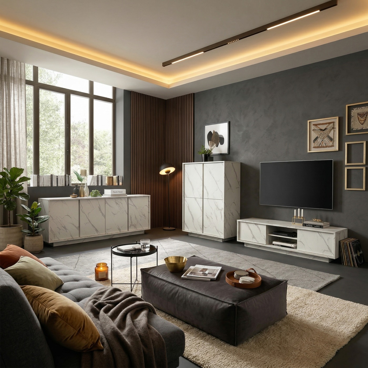 Sala moderna, effetto Marmo Bianco di Carrara, 2 Madie 4 ante e Porta TV