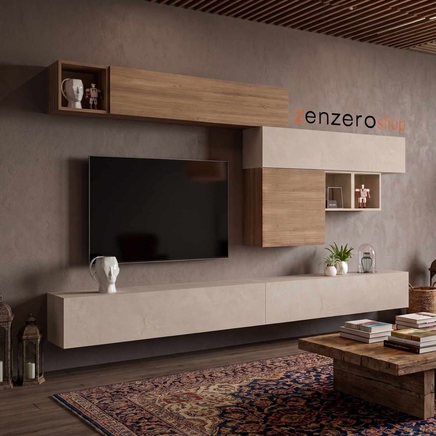 Parete attrezzata sospesa, Mercure e Argilla, design moderno