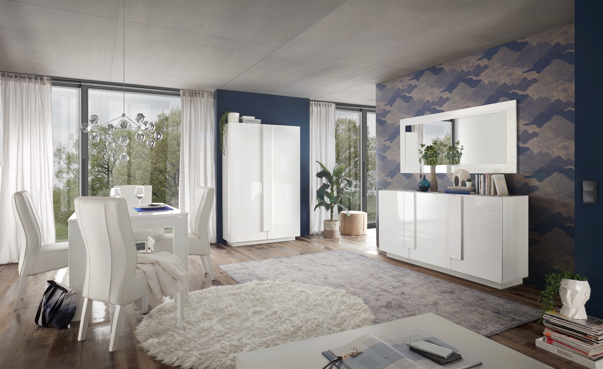 Soggiorno bianco lucido con tavolo, credenza e colonna