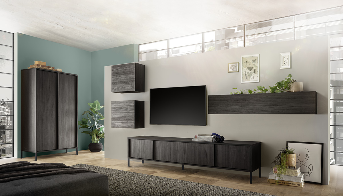 Soggiorno moderno, frassinato nero, composta da Madia e parete attrezzata