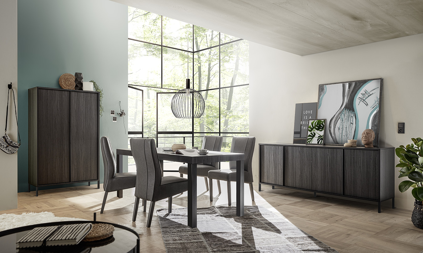 Soggiorno moderno, sala da pranzo moderna, composta da madie e tavolo, frassinato nero