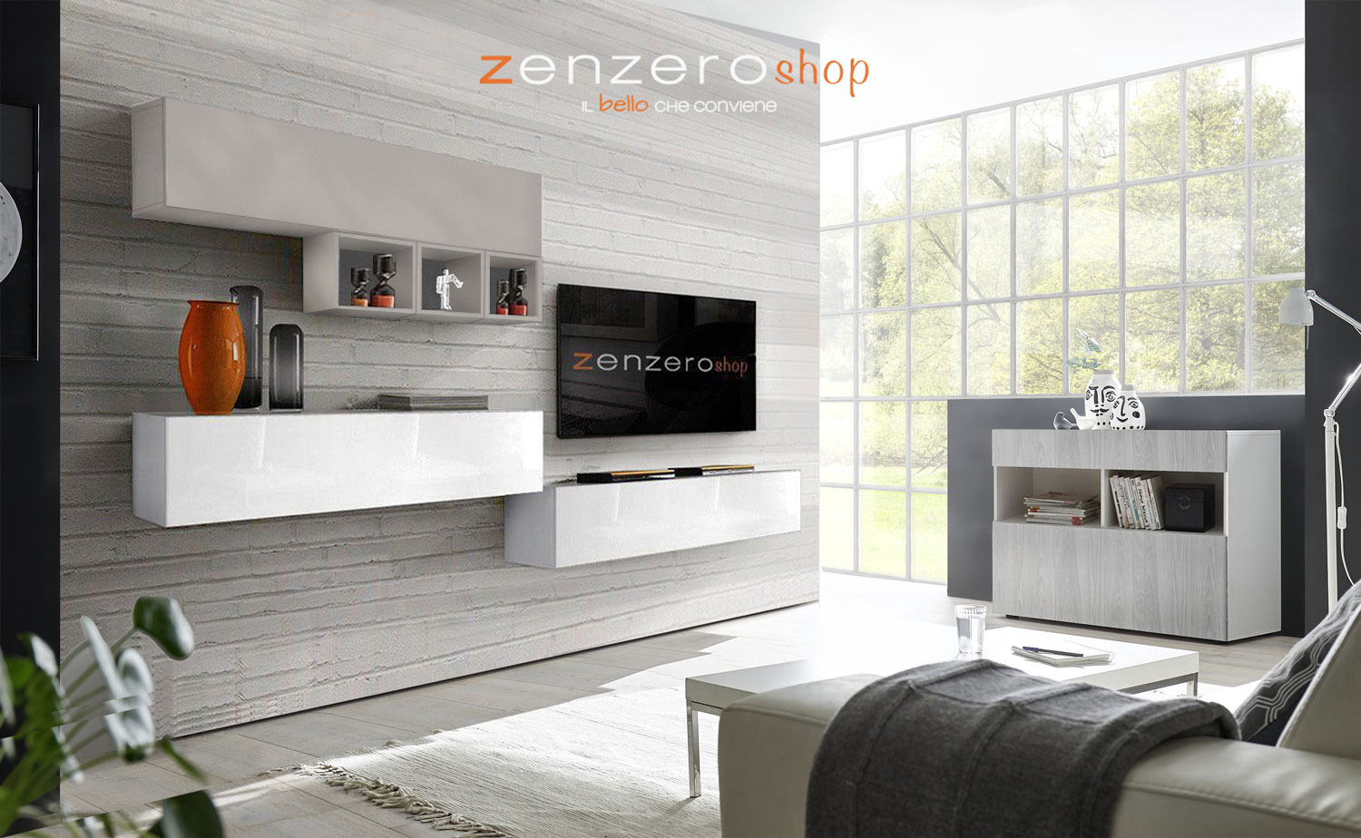 Sala moderna composta da parete attrezzata e madia, finitura Gesso, Artico e Bianco Lucido