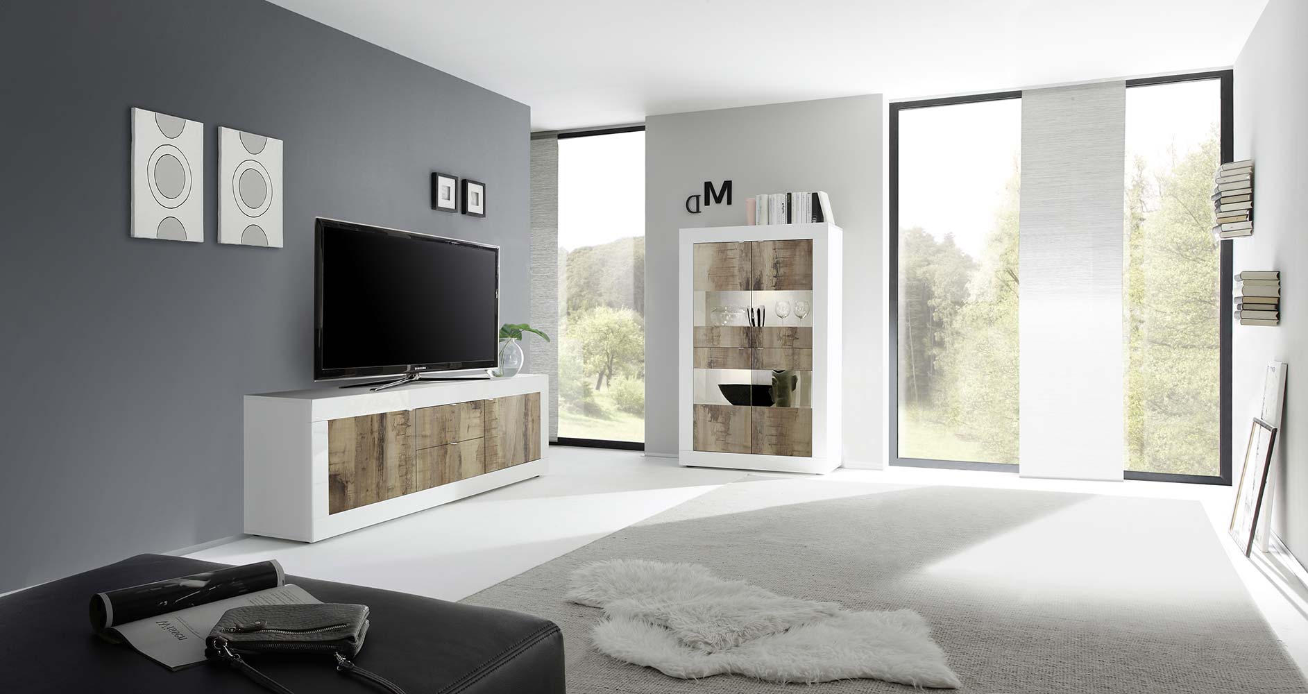 Madia con 2 ante e 2 cassetti bianco lucido e pero