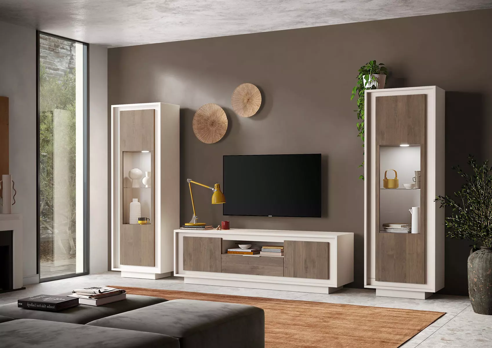 soggiorno moderno con vetrine cashmere