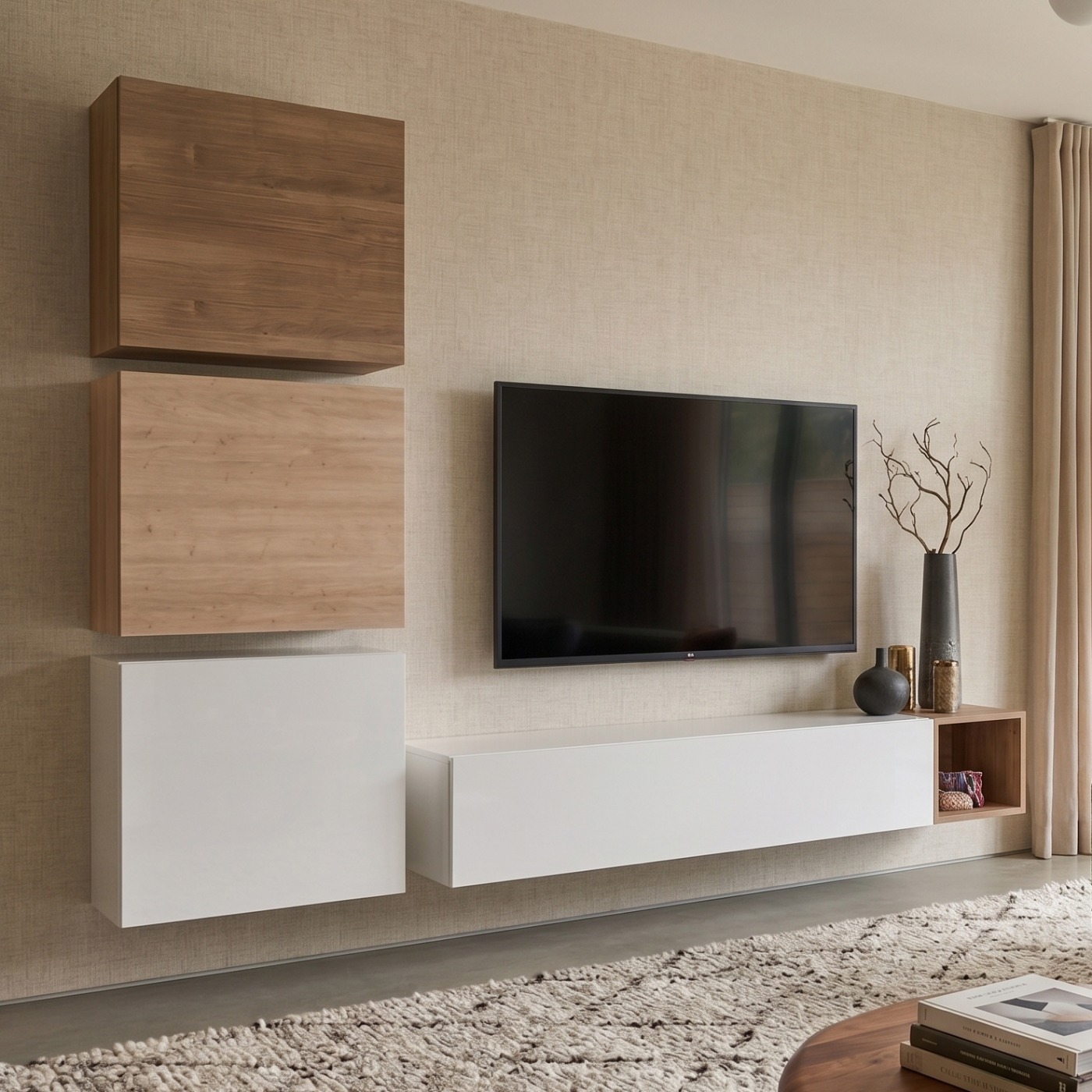 Soggiorno Zenzero, parete attrezzata moderna di design, cadiz, mercure e bianco lucido 