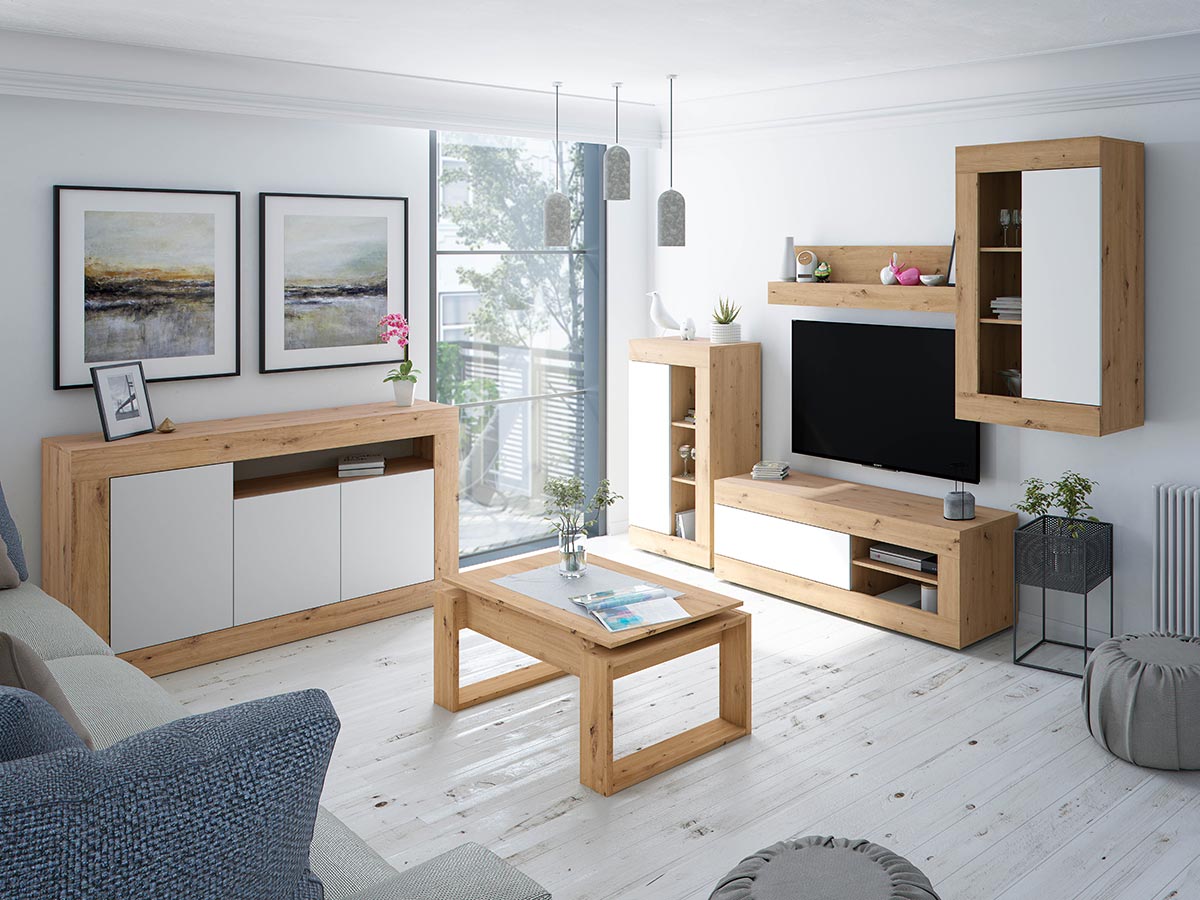Soggiorno completo in offerta, finitura Rovere nodi e Bianco opaco
