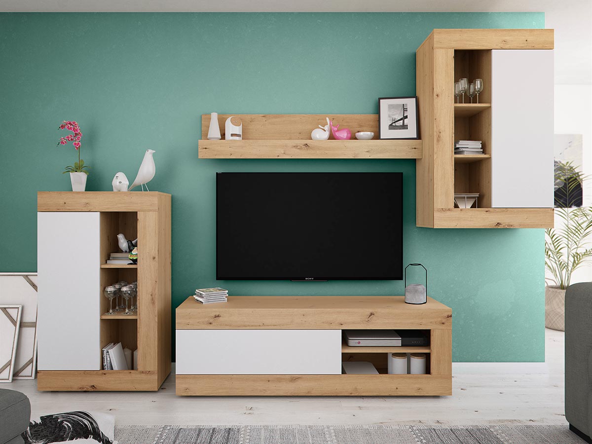 Soggiorno completo in offerta, finitura Rovere nodi e Bianco opaco